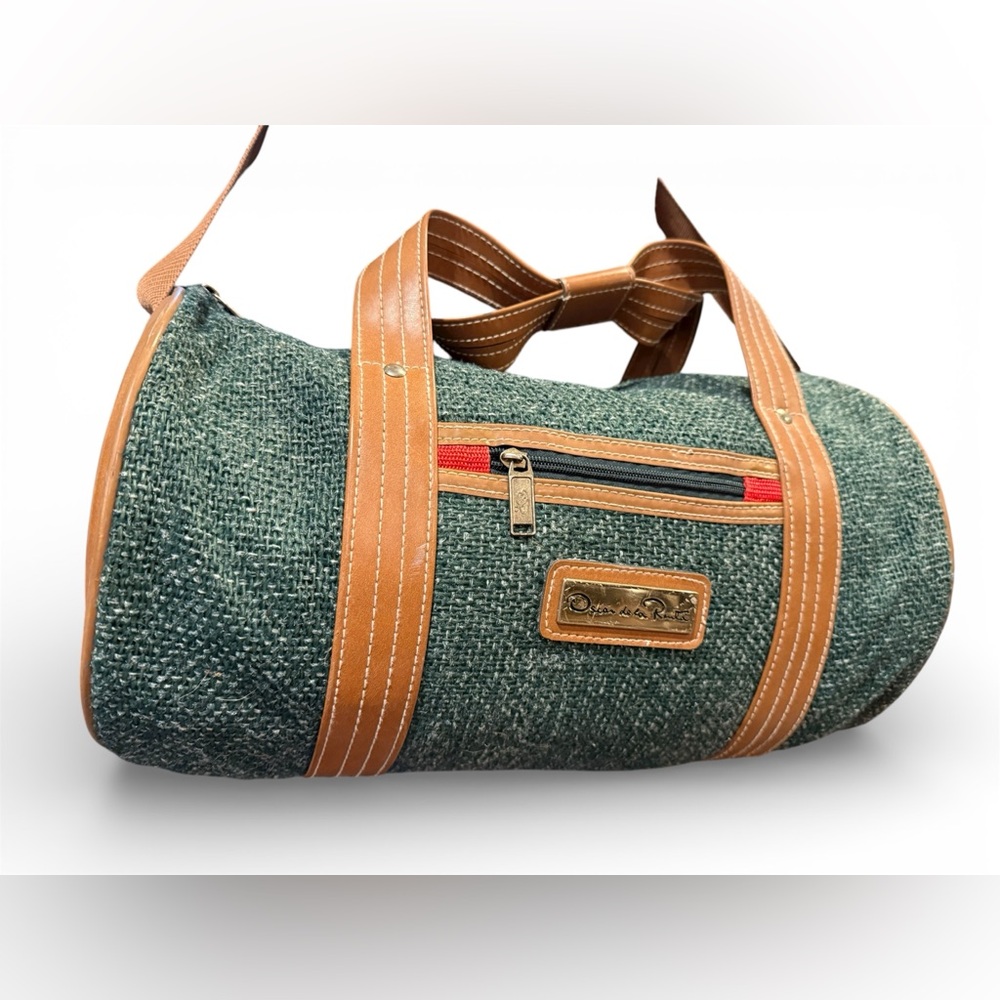 Oscar de la Renta Green and Tan Vintage Tweed Duffel Bag